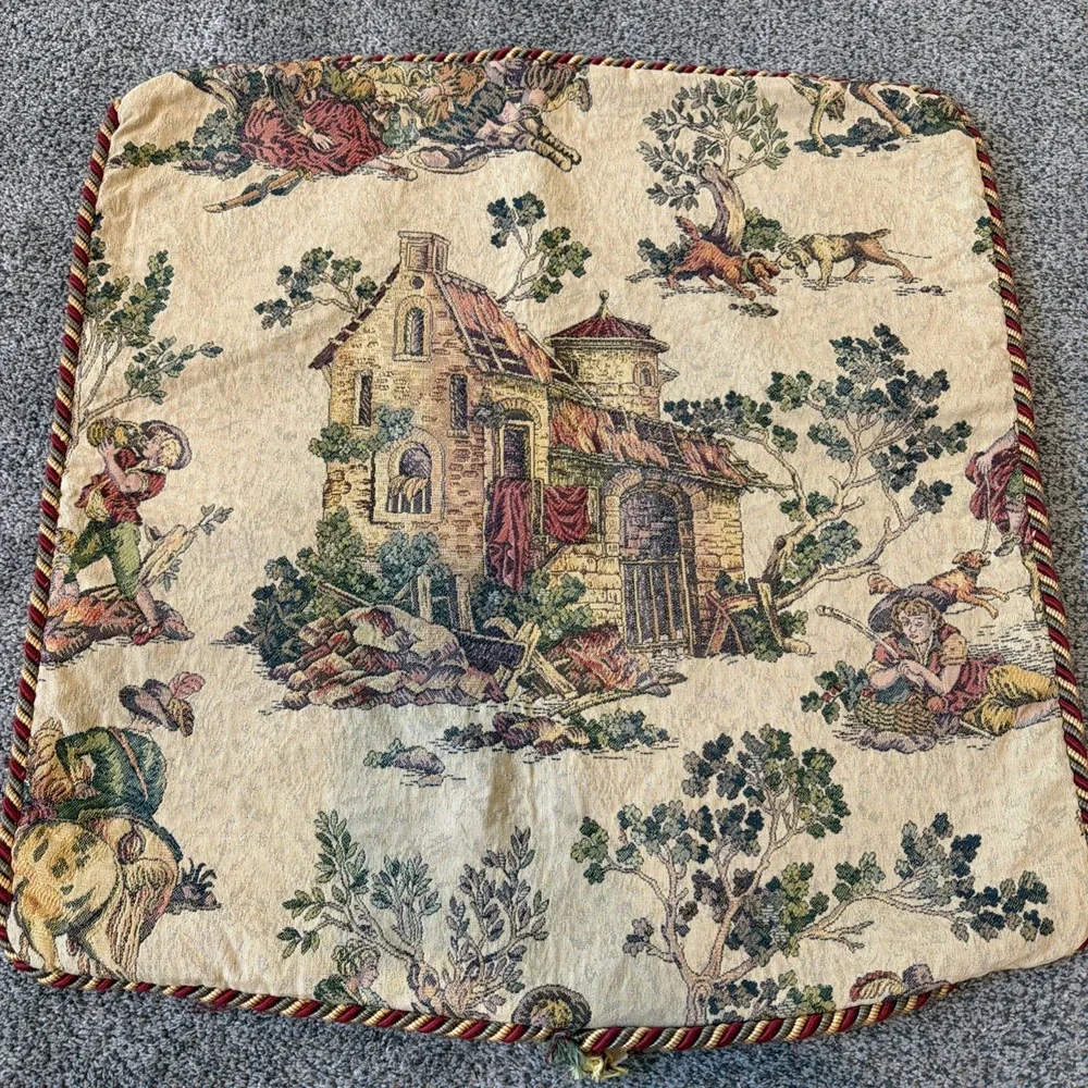 Vtg French Country Cottage Toile Paris Rust Large Pillow Cover Needs Repair
